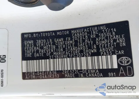 2015 Toyota Corolla Le from USA, damaged, VIN 2T1BURHE1FC307287